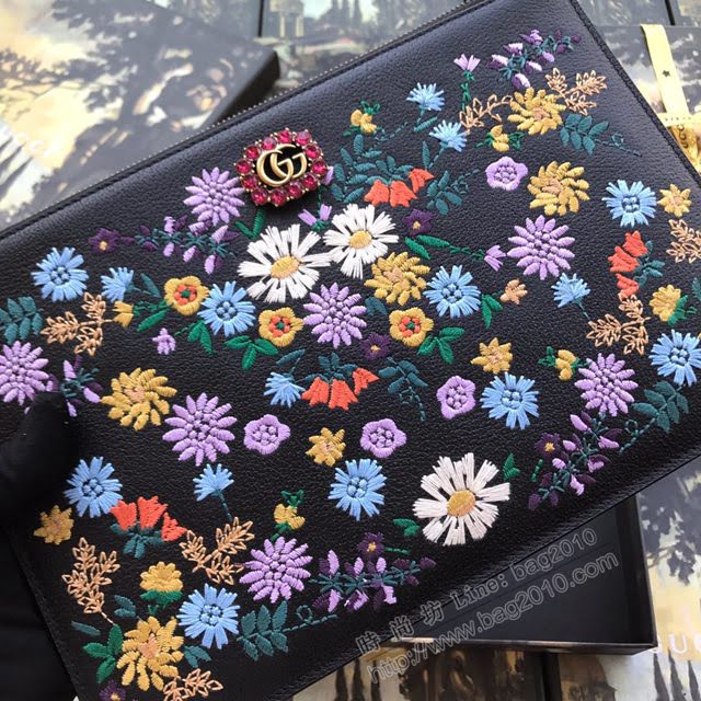 Gucci包 古馳新款手包 花朵刺繡手拿包 499310黑全皮  gdj1033
